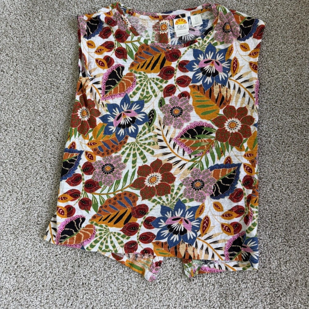 C&C California Tank Top Womens Small Multicolor Linen Floral Print Button Back